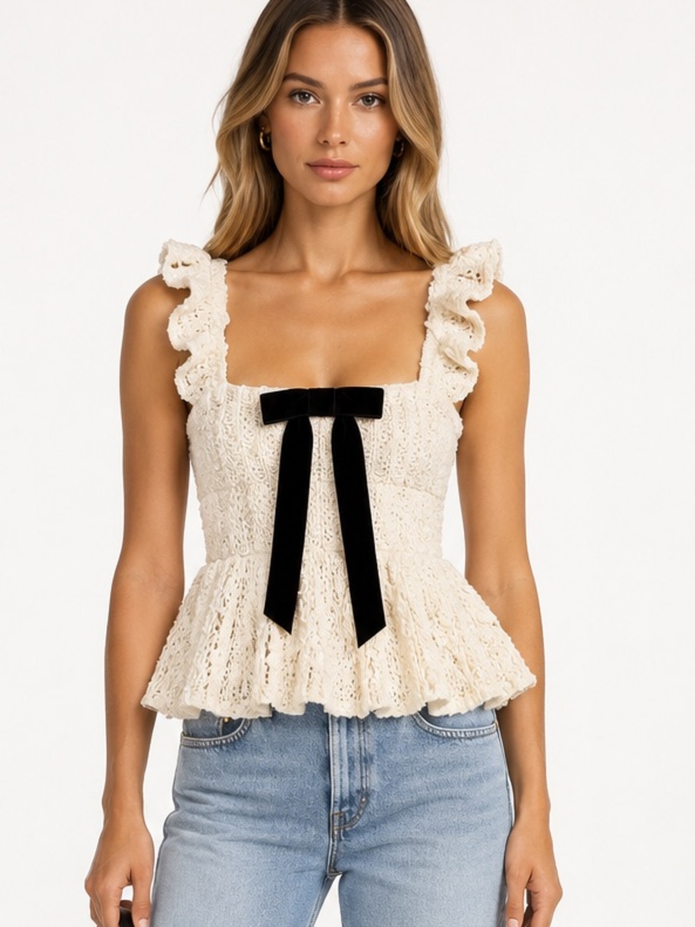 Kimchi Blue Ivory Chunky Knit Ruffle Peplum Top Black Velvet Bow S P Coquette